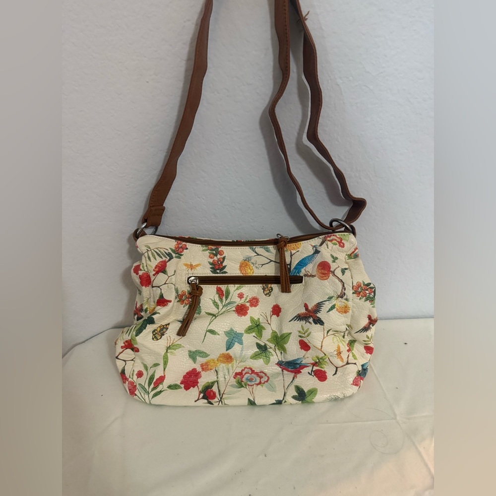 Floral Bird Satchel Purse Bag with Brown Strap